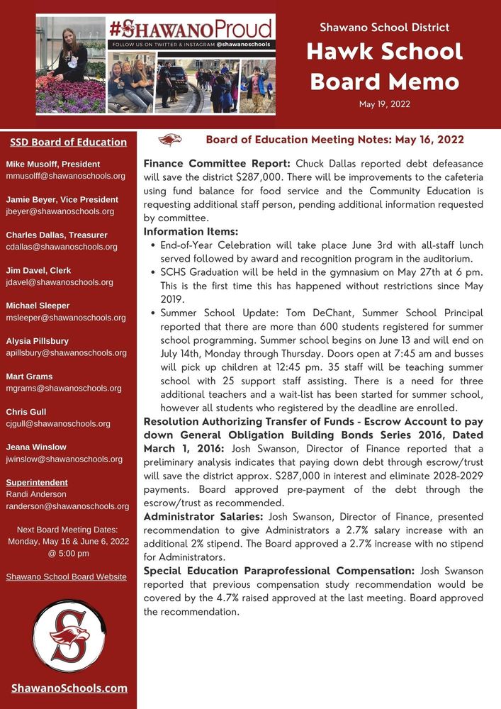 Hawk School Board Memo