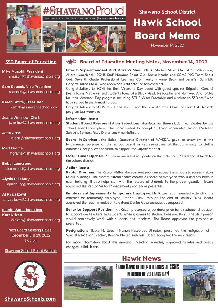 Hawk School Board Memo