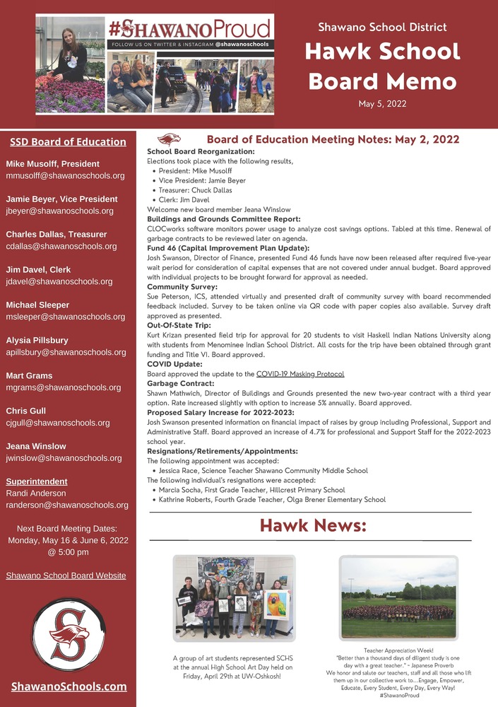 Hawk School Board Memo