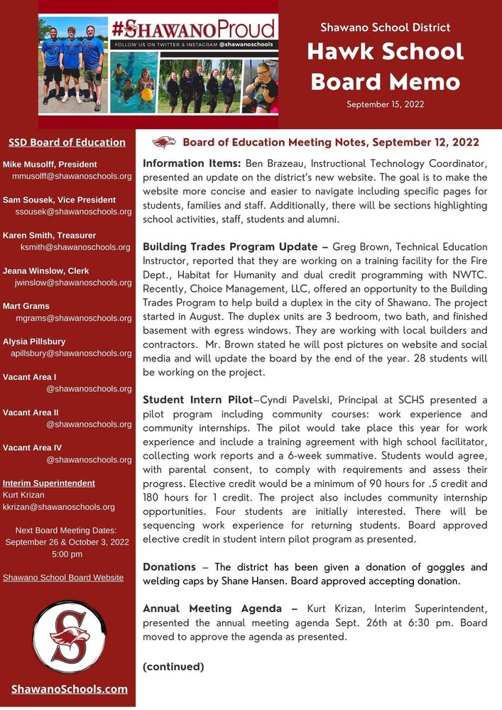 Hawk School Board Memo