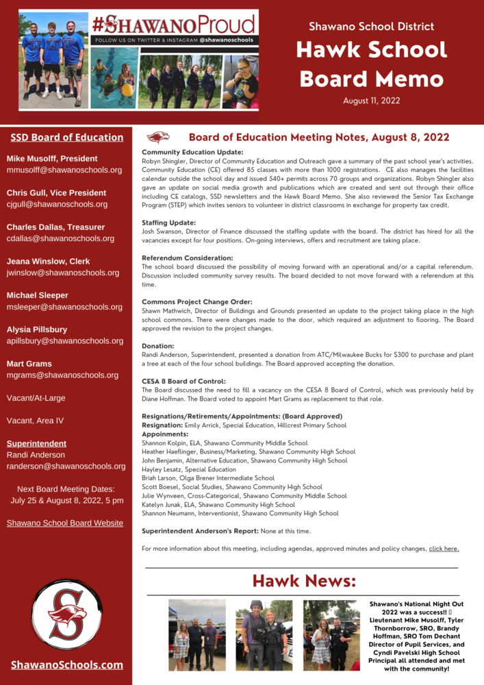 Hawk School Board Memo