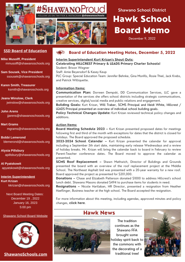 Hawk School Board Memo