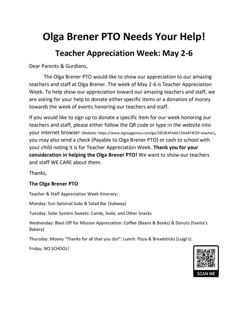 May 2-5 Teacher Appreciation Week (Parent Letter)